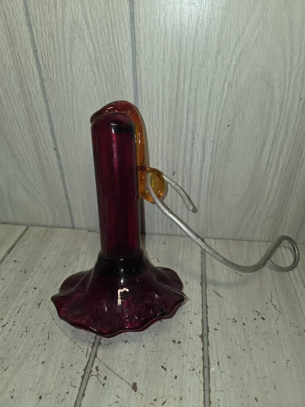 Vintage Blown Glass Parasol Hummingbird Feeder Amberina Bird Garden Hanging 8